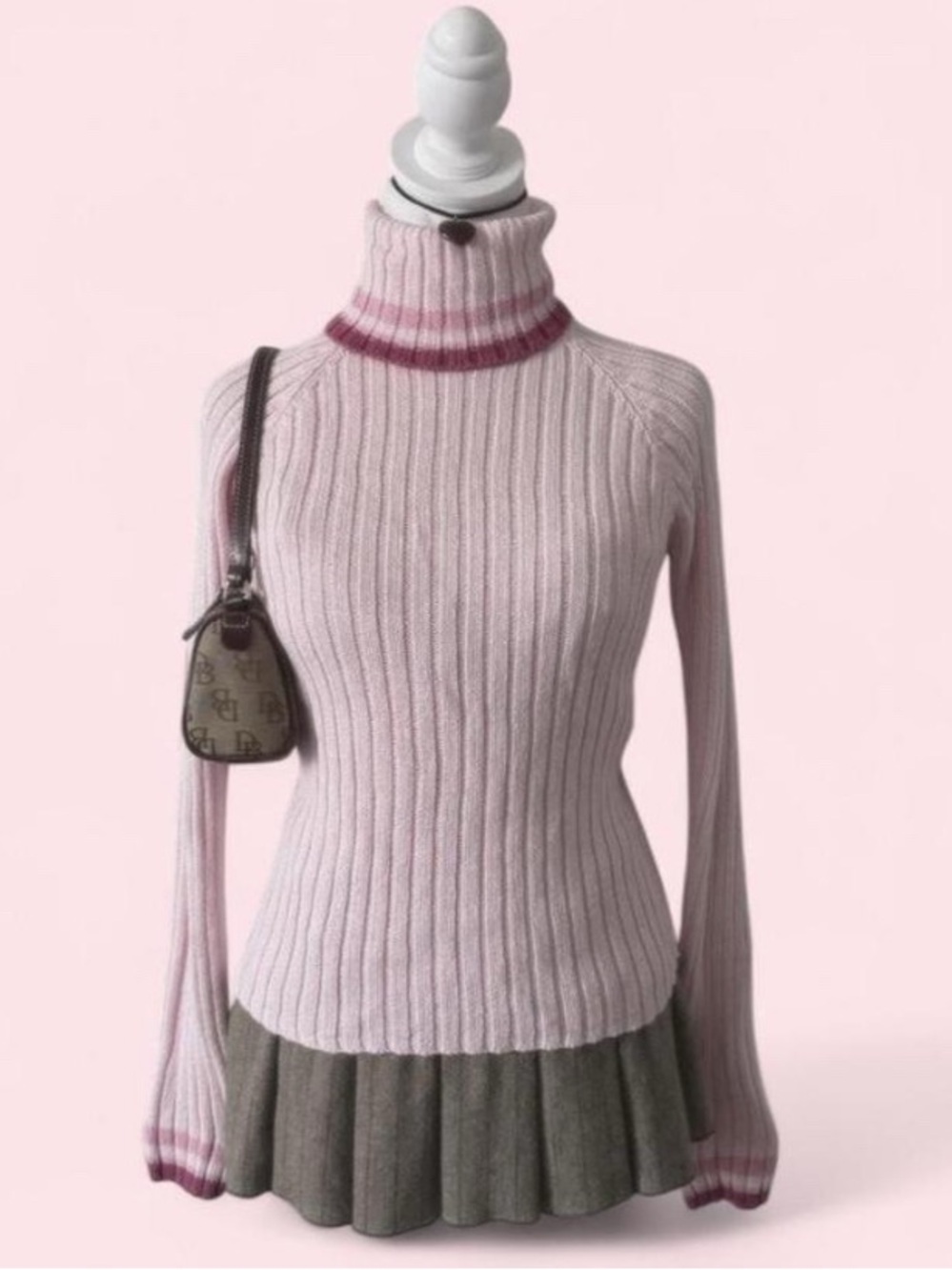 Next Era Light Pink Ribbed Turtleneck Sweater with Berry Trim